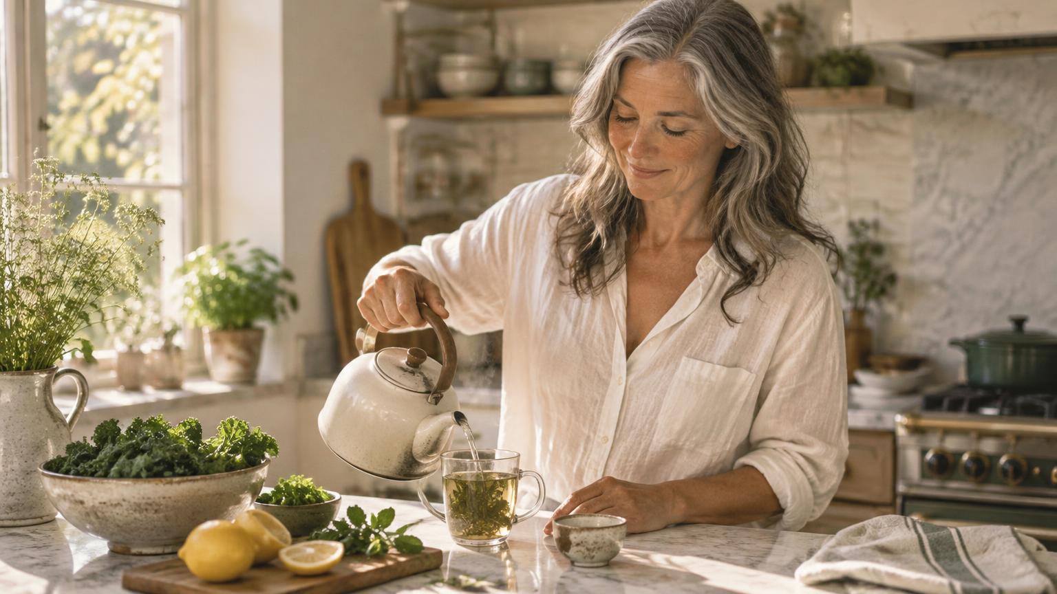 Illustrative woman in her fifties pouring hot water over fresh greens and lemon in a sunlit kitchen