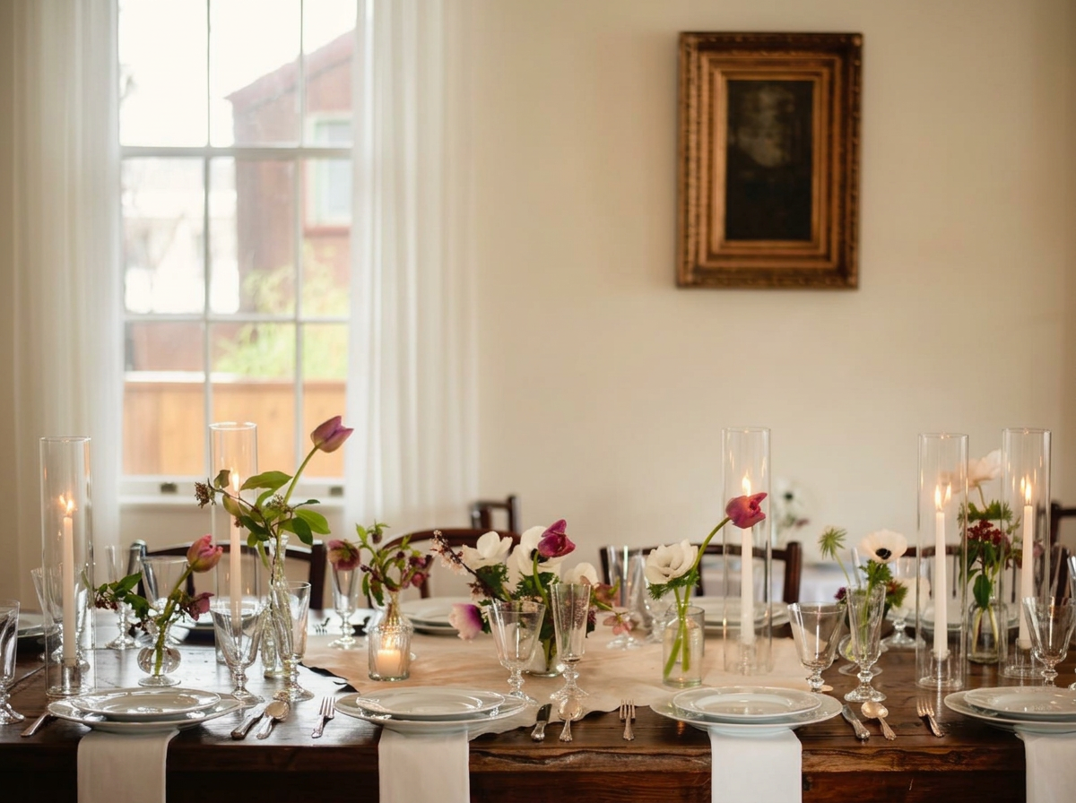 Candlelit dining table with fresh flowers in the Victorian retreat estate dining room