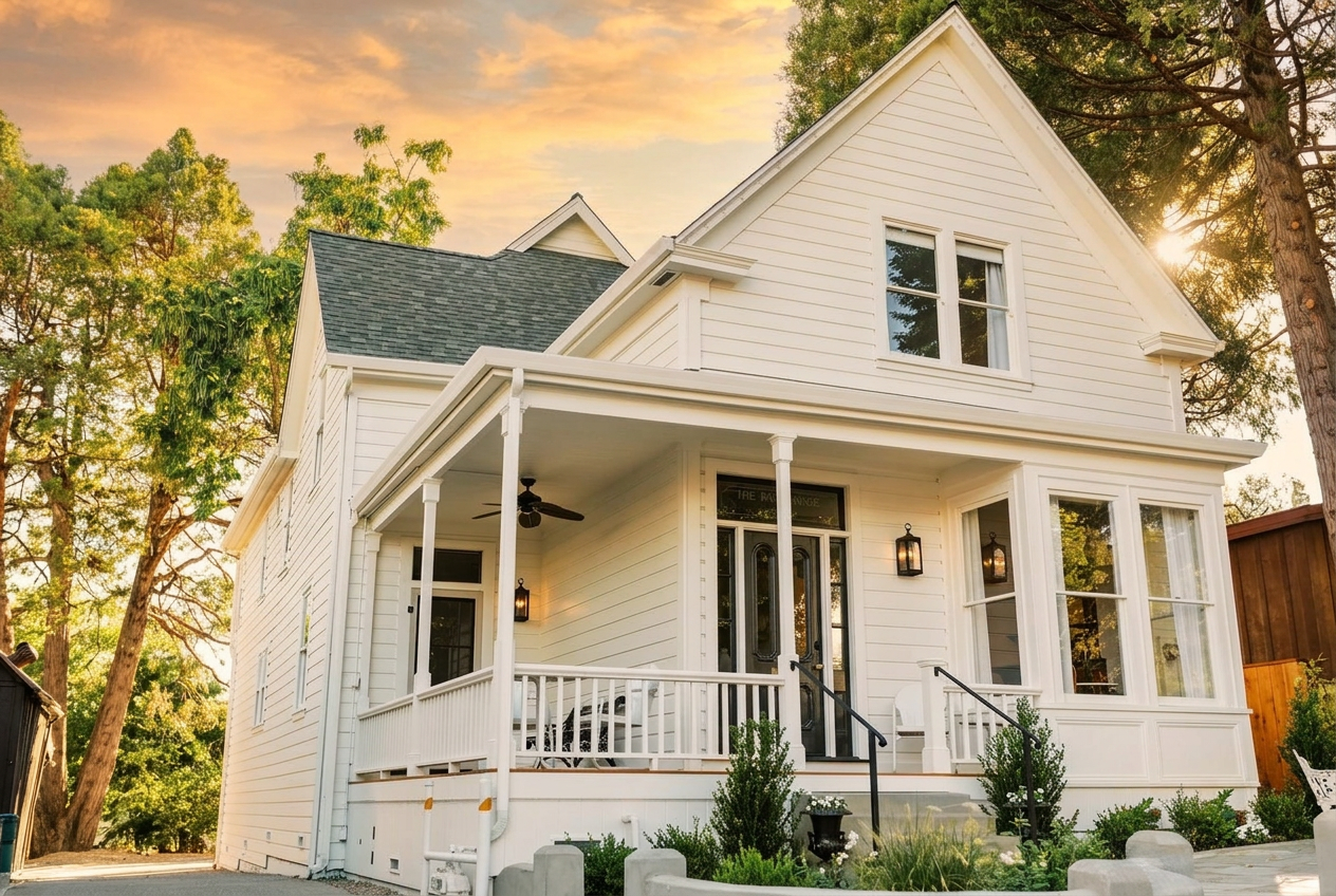 The Parsonage 1865 Victorian retreat estate glowing in golden evening light